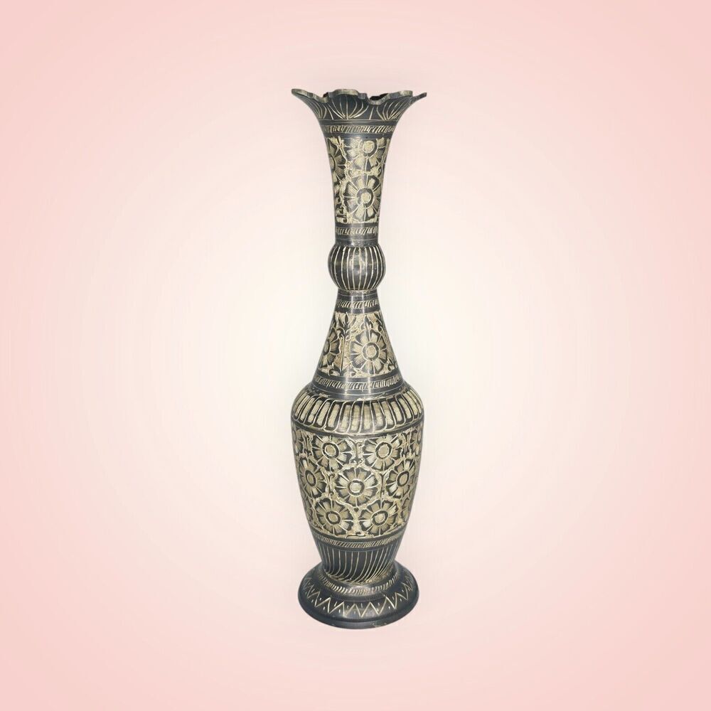 VINTAGE BRASS VASE Hand Etched Floral Pattern Made In INDIA Black gold 11"